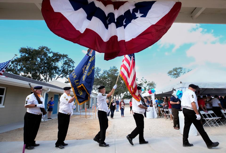 A Color Guard got things kicked off during Friday afternoon's grand opening ceremony of the Barracks of Hope veterans transitional housing facility. The newly renovated facility is in Daytona Beach's Derbyshire neighborhood south of LPGA Boulevard and west of Nova Road. The housing can accommodate 20 veterans, and each will have a small apartment.