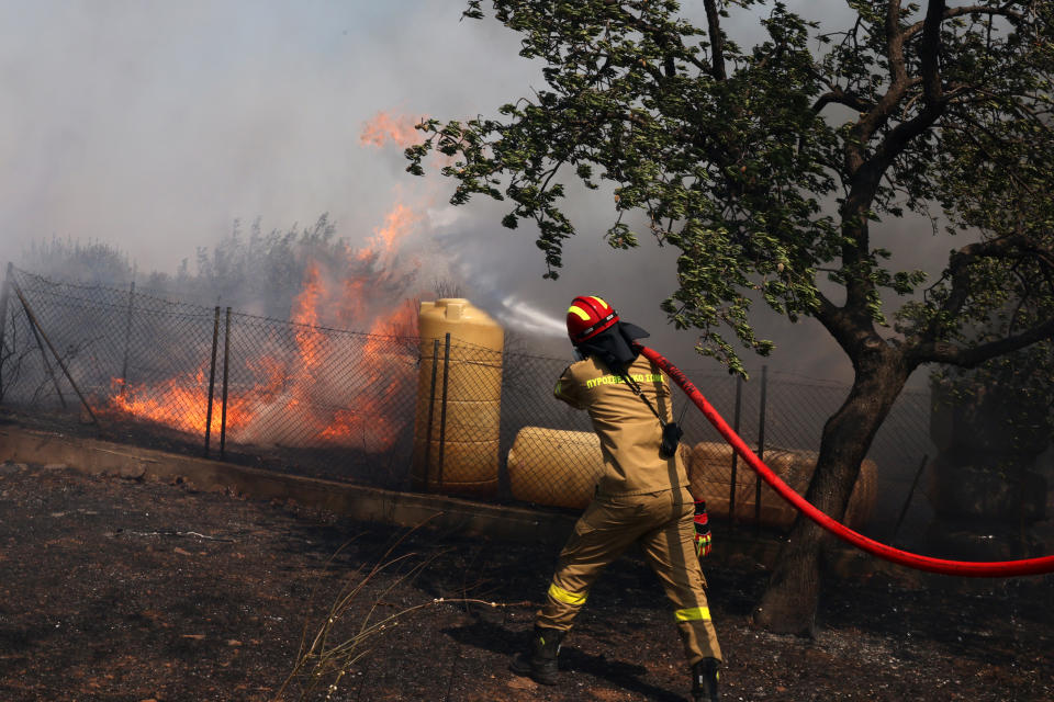 KOROPI, GREECE - JUNE 19: Firefighters extinguish a wildfire, in Kitsi, near the town of Koropi, Greece, on June 19, 2024. A fire broke out in the suburban city of Koropi in the eastern Attica region, 16 kilometers (10 miles) southeast of Athens, the fire brigade said Wednesday. (Photo by Costas Baltas/Anadolu via Getty Images)