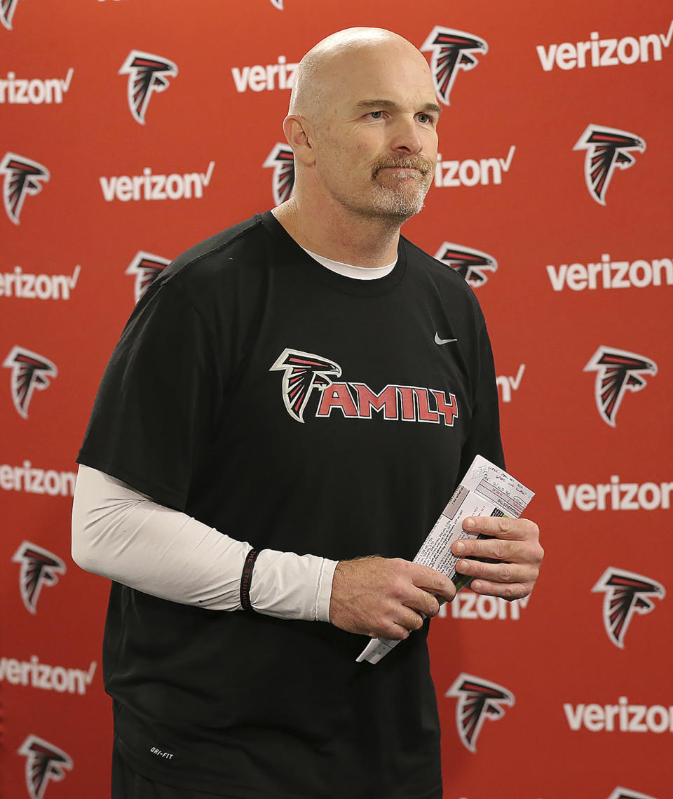 Atlanta Falcons NFL football head coach Dan Quinn is shown at a press conference at the teams training facility in Flowery Branch, Ga., Wednesday, Jan. 11, 2017. . (Curtis Compton/Atlanta Journal-Constitution via AP)