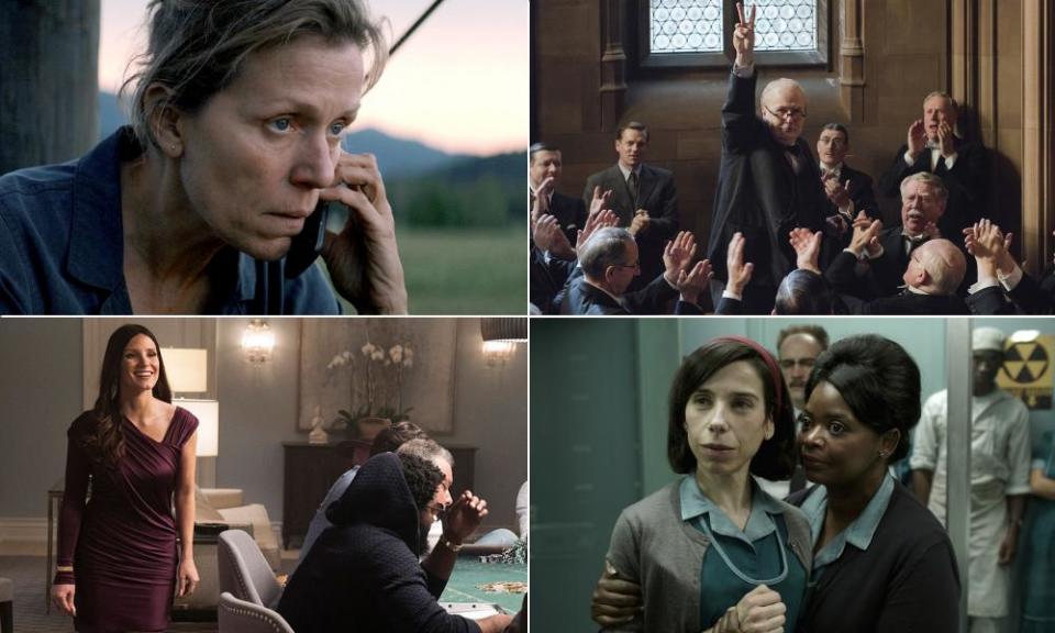 Frances McDormand in Three Billboards Outside Ebbing Missouri; Gary Oldman in Darkest Hour; Sally Hawkins in The Shape of Water; and Jessica Chastain in Molly’s Game.