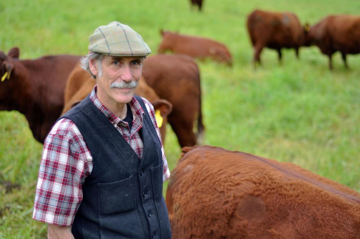 Grazier Ridge Shinn of Big Picture Beef with his Rotokawa Devon.