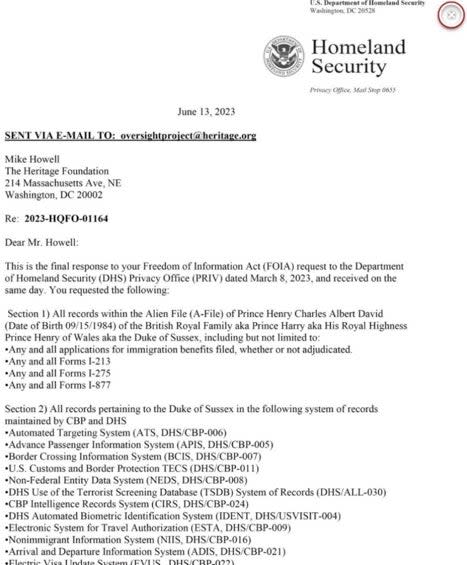 Letter about Prince Harry visa application (DHS)