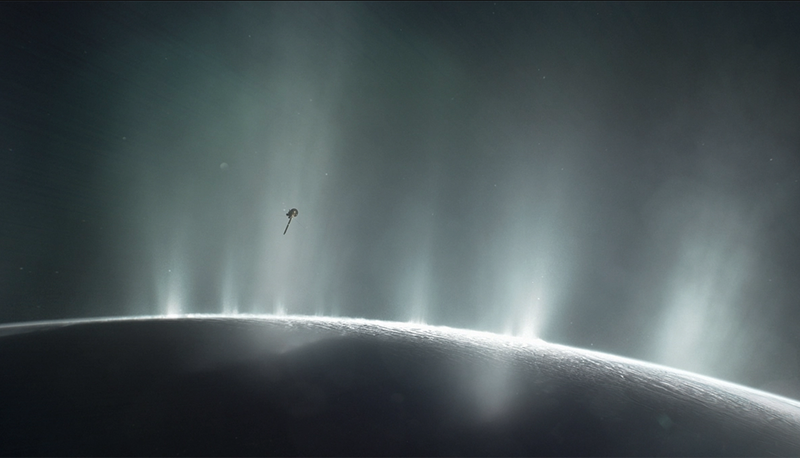 An artist's impression of the Cassini spacecraft flying through the plumes of Enceladus.