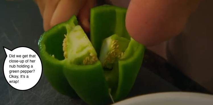 <div class="caption-credit"> Photo by: ABC</div><b>9</b>. This really close-up shot showing how the girl with one arm handles cutting peppers. <br>