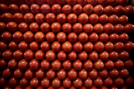 FILE PHOTO: Tomatoes are on display for sale at the wholesale market "Central de Abastos" in Mexico City