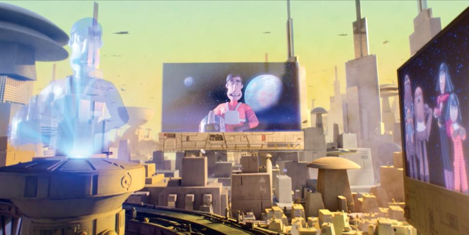 Making Star Wars Visions Volume 2; a man is on a large screen in a cartoon city