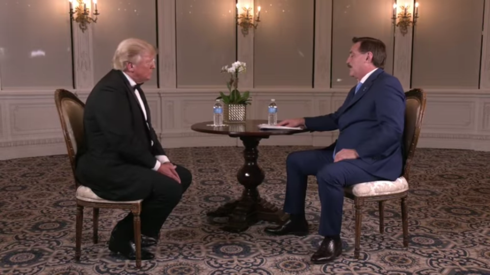 Mike Lindell interviewed Donald Trump this month where they discussed melting down voting machines (Screengrab/ FrankSpeech.com)