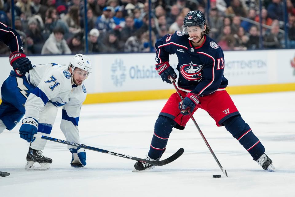 Nov 1, 2023; Columbus, Ohio, USA; Columbus Blue Jackets left wing Johnny Gaudreau (13) skates past Tampa Bay Lightning center Anthony Cirelli (71) during the third period of the NHL hockey game at Nationwide Arena. The Blue Jackets won 4-2.