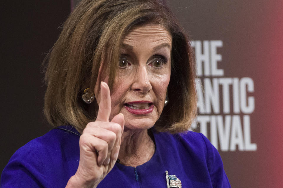 House Speaker Nancy Pelosi of Calif., speaks as she participates in question and answer session with Jeffrey Goldberg, the editor in chief of The Atlantic, as part of the Atlantic Festival, Tuesday, Sept. 24, 2019 in Washington. (AP Photo/Alex Brandon)