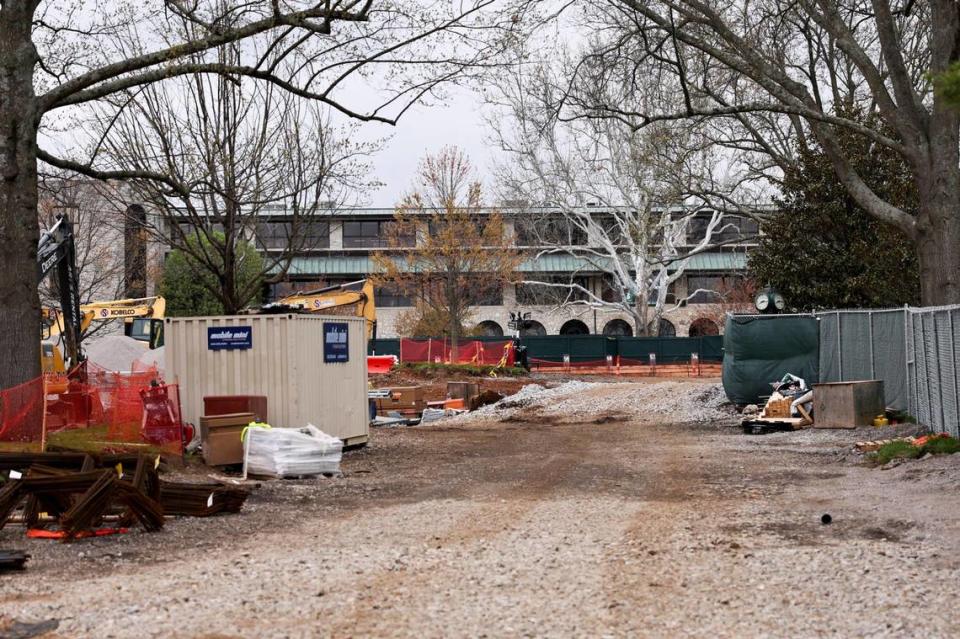 Construction closes one of the gates during the opening day of the Keeneland Spring Meet at Keeneland Race Course in Lexington, Ky, Friday, April 5, 2024.