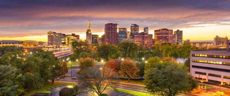 Hartford, Connecticut, USA downtown skyline at dusk in early autumn.