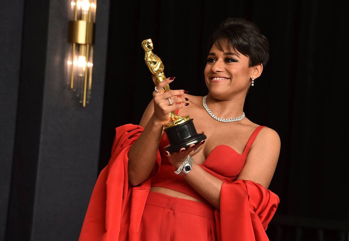 Ariana DeBose, winner of the award for best performance by an actress in a supporting role for “West Side Story,” poses in the press room at the Oscars on Sunday, March 27, 2022, at the Dolby Theatre in Los Angeles.