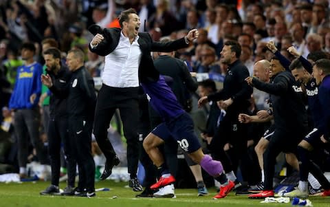 Frank Lampard, Manager of Derby County celebrates victory following the Sky Bet Championship Play-off semi final second leg match between Leeds United and Derby County at Elland Road on May 15, 2019 in Leeds, England - Credit: Getty Images