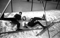 <p>Hollywood power couple Tony Curtis and Janet Leigh strike a silly pose on a ski slope, January 2, 1958. </p>