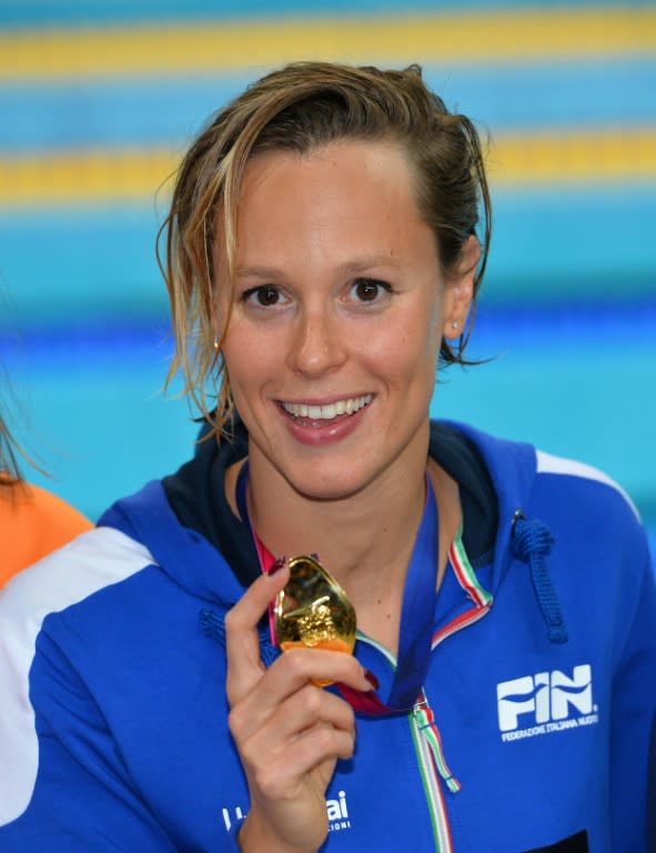 Gold medalist Italy's Federica Pellegrini celebrates after the final of the women's 200m Freestyle swimming event of the European aquatics championships in London on May 21, 2016