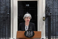 Britain's Prime Minister Theresa May speaks outside 10 Downing Street in London, May 23, 2017. REUTERS/Toby Melville