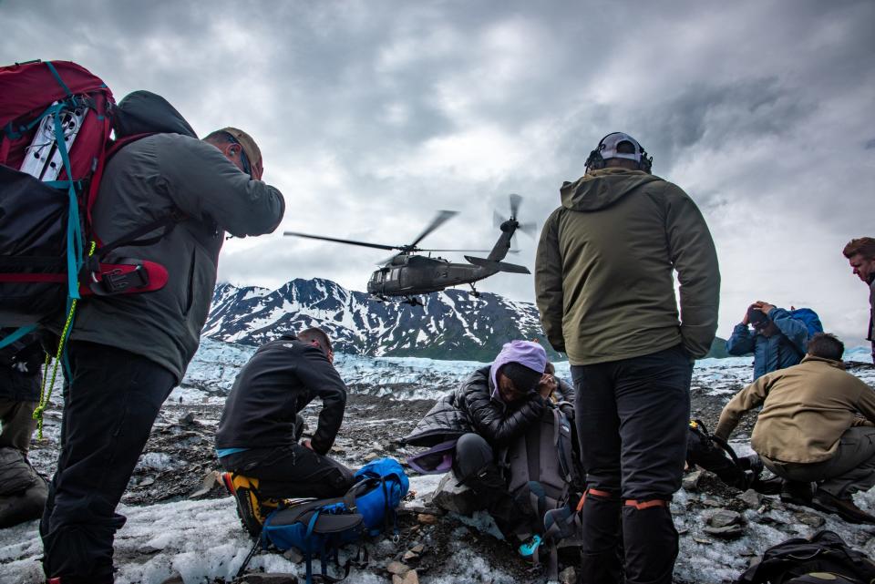 An Alaska Army National Guard UH-60L Black Hawk helicopter from Golf Company, 2-211th General Support Aviation Battalion, lands to pick up Operation Colony Glacier recovery team members after a day of recovering possible human remains, personal effects and equipment at Colony Glacier, Alaska, June 16, 2023. Operation Colony Glacier is an effort to recover the remains of service members and wreckage from a C-124 Globemaster II that crashed in November 1952 with 52 military members on board. The recovery effort has taken place every summer since 2012 by personnel from Alaskan Command, Alaska National Guard, Air Force Mortuary Affairs Operations, U.S. Army Alaska, 673rd Air Base Wing, 3rd Wing and Detachment 1, 66th Training Squadron.