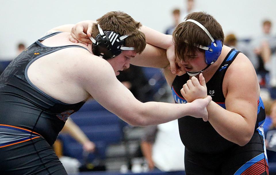 Galion’s Alex Griffith wrestles Lakewood’s Keegan Jacks during their 285 lbs match at the Division II District wrestling championships Saturday, March 2, 2024 at Norwalk High School. TOM E. PUSKAR/MANSFIELD NEWS JOURNAL