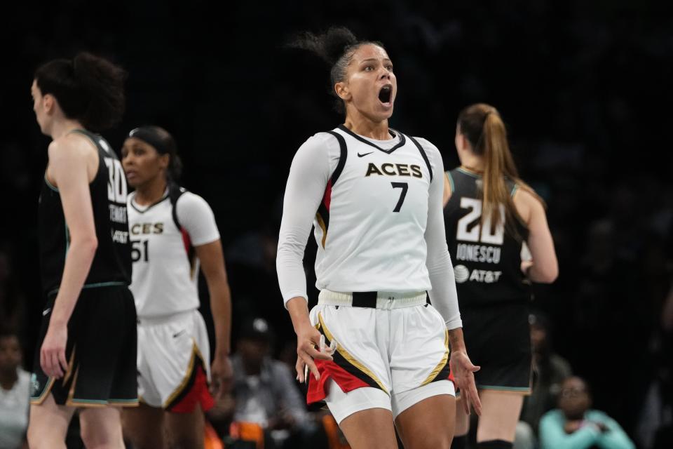 Las Vegas Aces' Alysha Clark (7) reacts to a call during the second half in Game 4 of a WNBA basketball final playoff series against the New York Liberty Wednesday, Oct. 18, 2023, in New York. The Aces won 70-69. (AP Photo/Frank Franklin II)