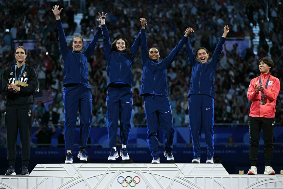 <p>FABRICE COFFRINI/AFP via Getty Images</p> The U.S. women