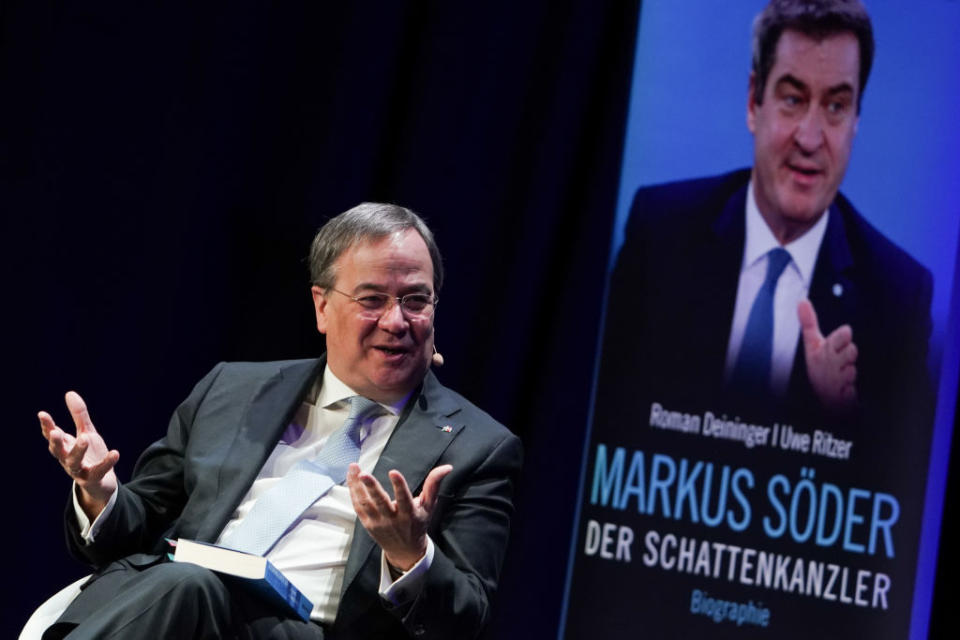 18 December 2020, Berlin: Armin Laschet (CDU), Prime Minister of North Rhine-Westphalia, comments on the biography "Markus SÃ¶der - Der Schattenkanzler" (Markus SÃ¶der - The Shadow Chancellor), the new edition of which he is presenting at the Urania. Photo: JÃ¶rg Carstensen/dpa (Photo by JÃ¶rg Carstensen/picture alliance via Getty Images)