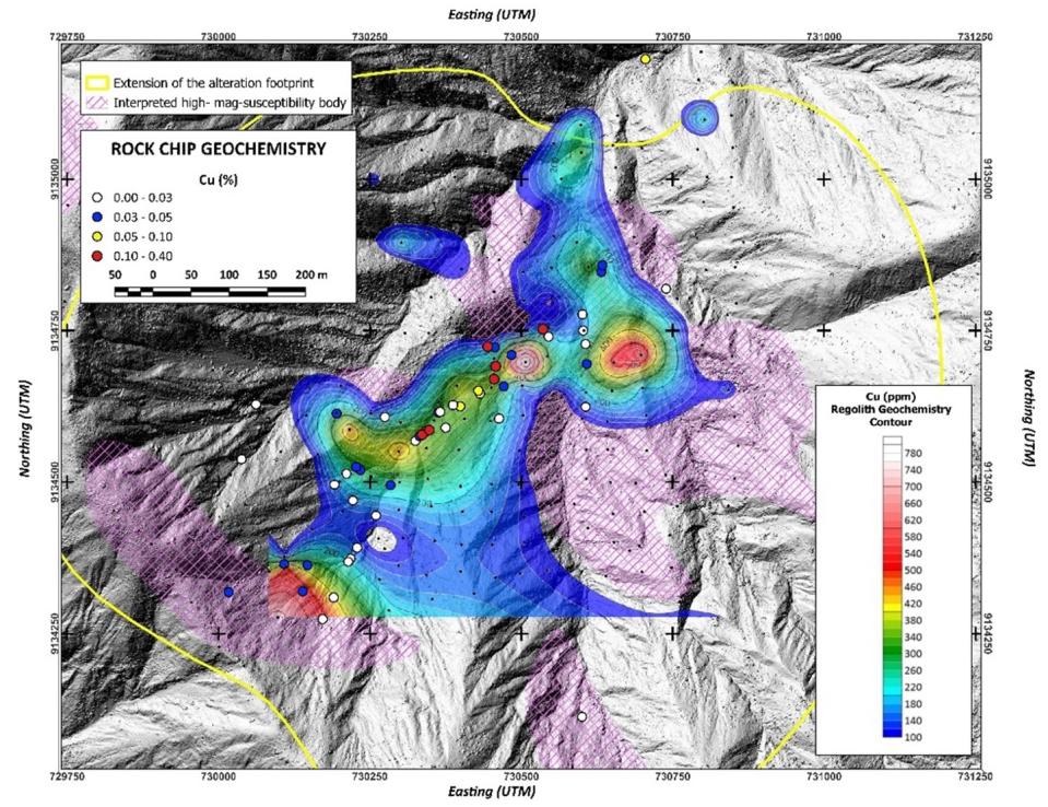 Caña Brava 1 Prospect – Rock chip sample copper results on the contoured copper anomalies (pXRF).