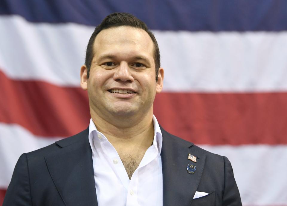 Erik J. Arroyo, a former Mayor of Sarasota and the current District 3 Commissioner of the City of Sarasota, was introduced on the stage during Saturday's Sarasota County Republican Candidates annual "Pie Rally" held at Robarts Arena in Sarasota.