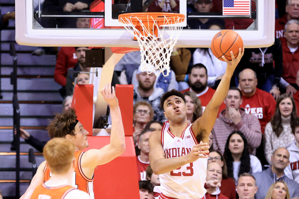 Indiana's Trayce Jackson-Davis takes a shot during the second half in the game against Illinois on Feb. 18, 2023 in Bloomington, Indiana. (Justin Casterline/Getty Images)