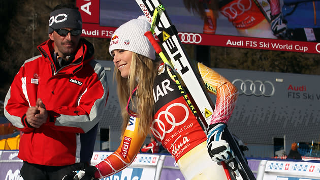 Lindsey Vonn of the USA takes 1st place during the Audi FIS Alpine Ski World Cup Women's SuperG on January 15, 2012 in Cortina d'Ampezzo, Italy.