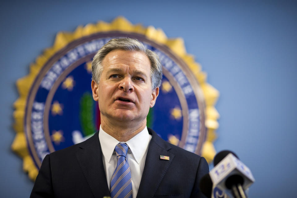 FBI Director Christopher Wray, speaks at the FBI Norfolk Field Office, Wednesday, Feb. 15, 2023, in Chesapeake, Va. (AP Photo/John C. Clark)