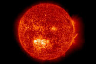 This July 11, 2012 image of the Sun provided by NASA'a Solar and Heliospheric Observatory shows gigantic sunspot AR 1520. One of the biggest sunspots in years, AR1520, is turning toward Earth and harbors energy for strong solar flares. NOAA forecasters estimate an 80% chance of M-flares and a 25% chance of X-flares during the next 24 hours.