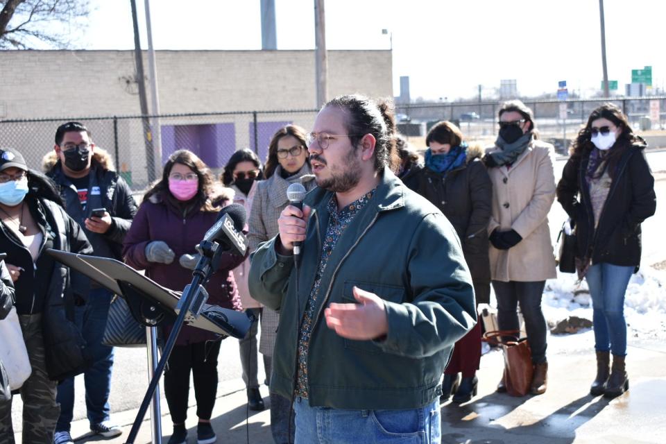 After Monday's shooting outside East High School, community organizer Alejandro Murguia-Ortiz spoke of the need of building community and finding solutions at a news conference at Des Moines' East High School on March 11, 2022.