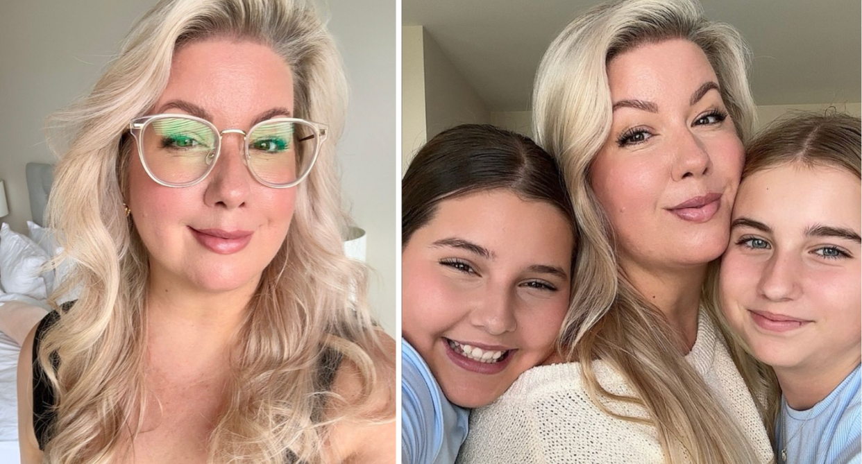 Belinda wearing glasses (left) and with her daughters (right).