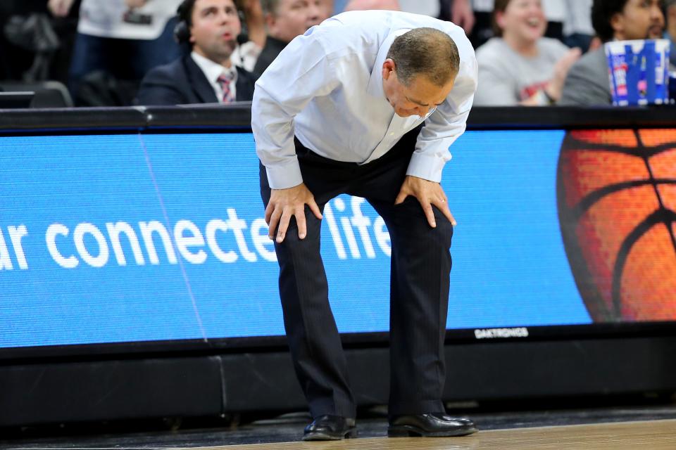 Houston Cougars head coach Kelvin Sampson doubles over in disagreement of a foul call in the second half during a college basketball game against the Cincinnati Bearcats, Saturday, Feb. 1, 2020, at Fifth Third Arena. Cincinnati Bearcats won 64-62. It was the last time UC beat the Cougars.