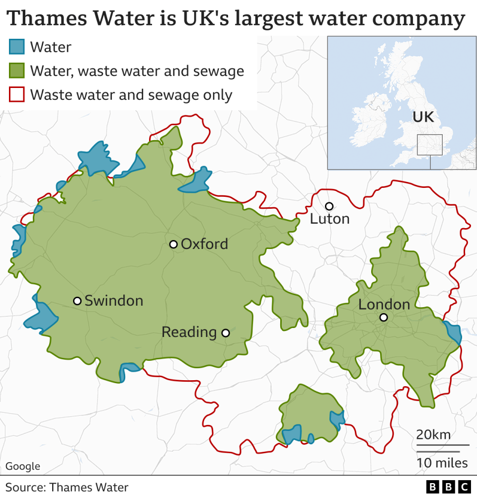 Map showing where Thames Water supplies water and sewage services across London and south east