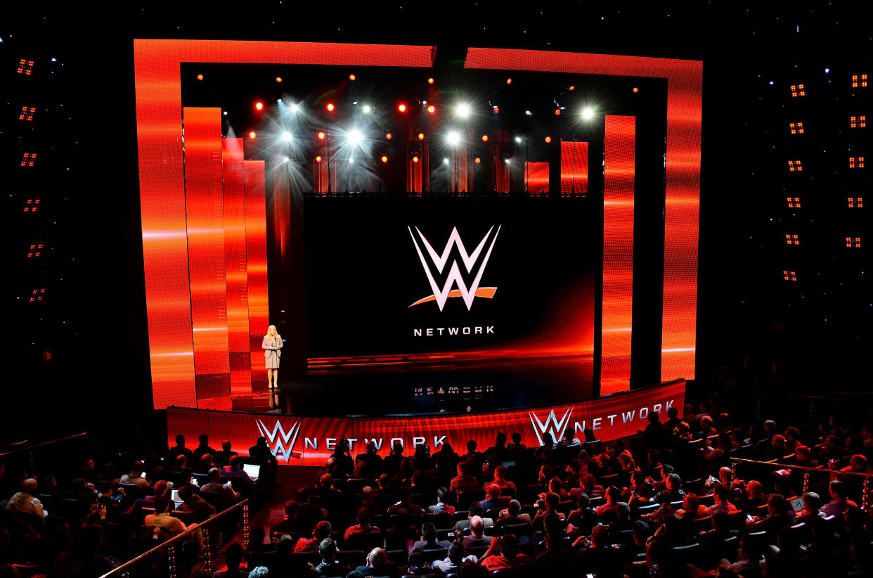LAS VEGAS, NV - JANUARY 08:  WWE Chief Revenue and Marketing Officer Michelle Wilson speaks at a news conference announcing the WWE Network at the 2014 International CES at the Encore Theater at Wynn Las Vegas on January 8, 2014 in Las Vegas, Nevada. The network will launch on February 24, 2014 as the first-ever 24/7 streaming network, offering both scheduled programs and video on demand. The USD 9.99 per month subscription will include access to all 12 live WWE pay-per-view events each year. CES, the world's largest annual consumer technology trade show, runs through January 10 and is expected to feature 3,200 exhibitors showing off their latest products and services to about 150,000 attendees.  (Photo by Ethan Miller/Getty Images)