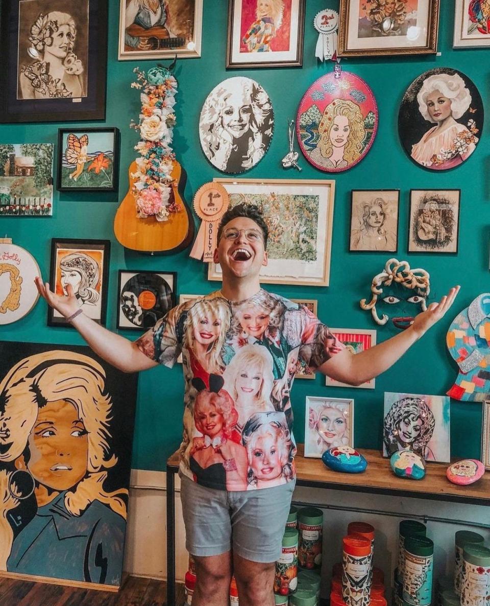 Jordan Campbell, a big Dolly fan, in front of the third annual Dolly Art Show at Rala in June 2021.