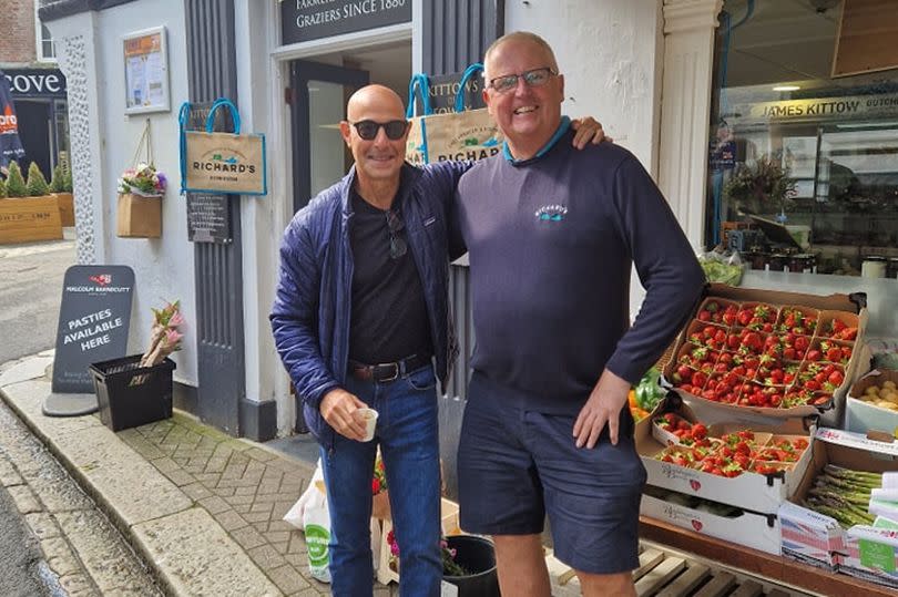 Stanley Tucci was spotted in a greengrocer and fishmonger store in Fowey this week