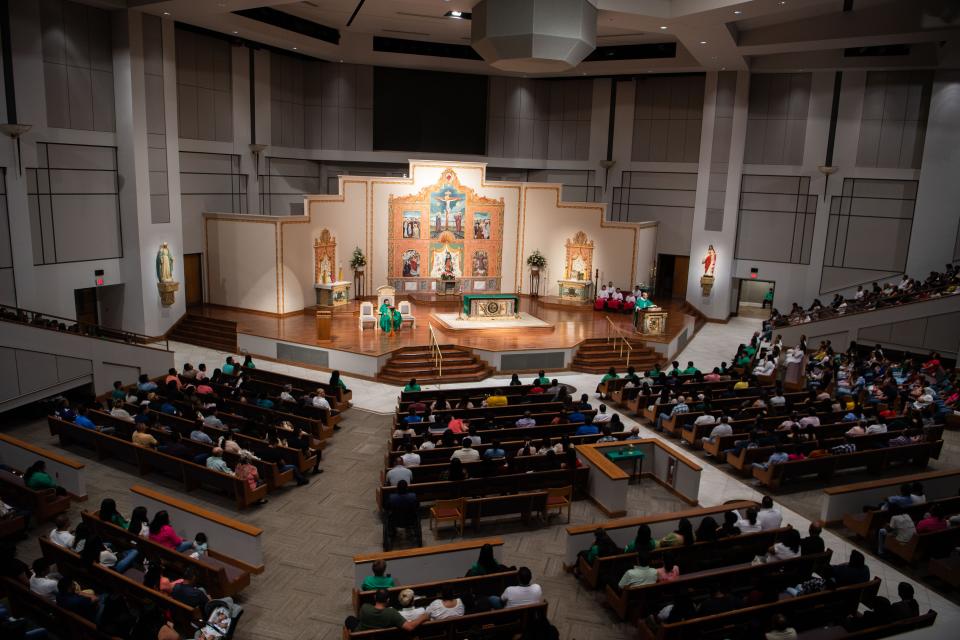 The members of the congregation fill up the first and lower level at Iglesia Sagrado Corazon de Jesus in Nashville, Tenn., Sunday, July 14, 2024. The Catholic church became the largest parish in the Diocese of Nashville on July 7, with more than 5,000 families.
