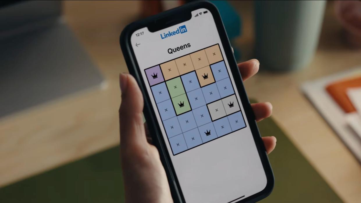 Screenshot from LinkedIn ad for its new suite of puzzle games, including "Queens"