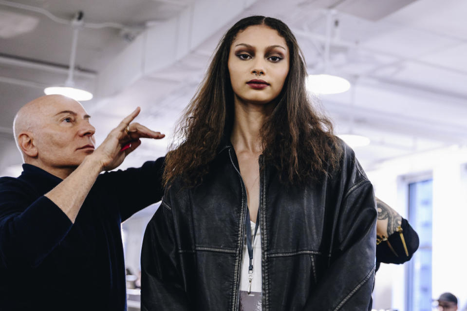 Garren with a model backstage at Anna Sui's Fall 2024 show.<p>Photo: Nina Westervelt/WWD via Getty Images</p>