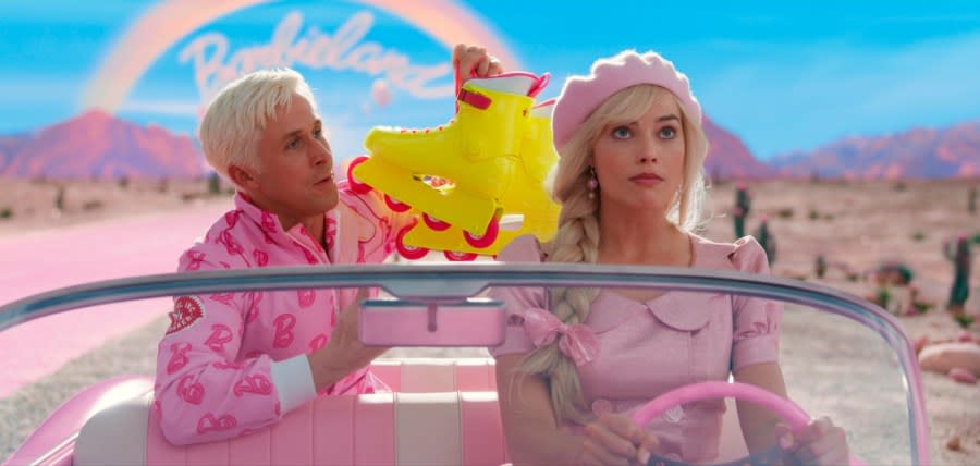 This image released by Warner Bros. Pictures shows Ryan Gosling, left, and Margot Robbie in a scene from “Barbie.” (Warner Bros. Pictures via AP)