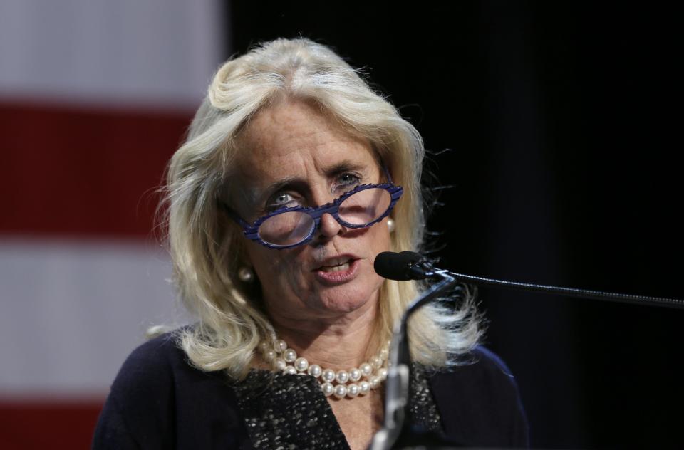 Congresswoman-elect Debbie Dingell addresses supporters during an election night rally in Detroit, Tuesday, Nov. 4, 2014. (AP Photo/Carlos Osorio)