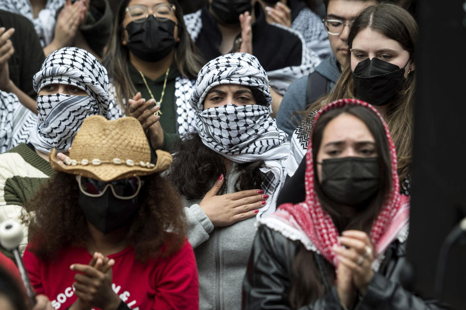 Students protest the Israel-Hamas war at George Washington University in Washington, Saturday, April 27, 2024. Protests and encampments have sprung up on college and university campuses across the country to protest the war. (AP Photo/Cliff Owen)