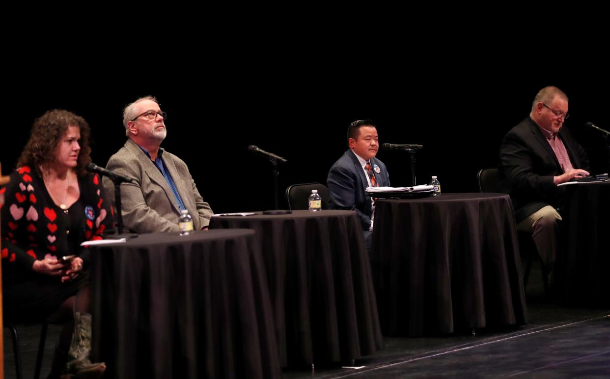 Audra Beasley, Matt Hinkle, Thuan Nguyen and Jeff Owen debate Thursday, Feb. 2, 2023, for Ward 5 Oklahoma City Council during a debate of OCCC in Oklahoma City.