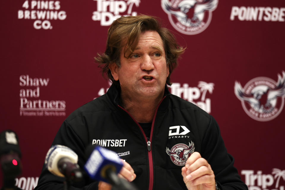 SYDNEY, AUSTRALIA - JULY 26: Sea Eagles coach Des Hasler speaks to the media during a Manly Warringah Sea Eagles NRL media opportunity at 4 Pines Park on July 26, 2022 in Sydney, Australia. (Photo by Matt King/Getty Images)