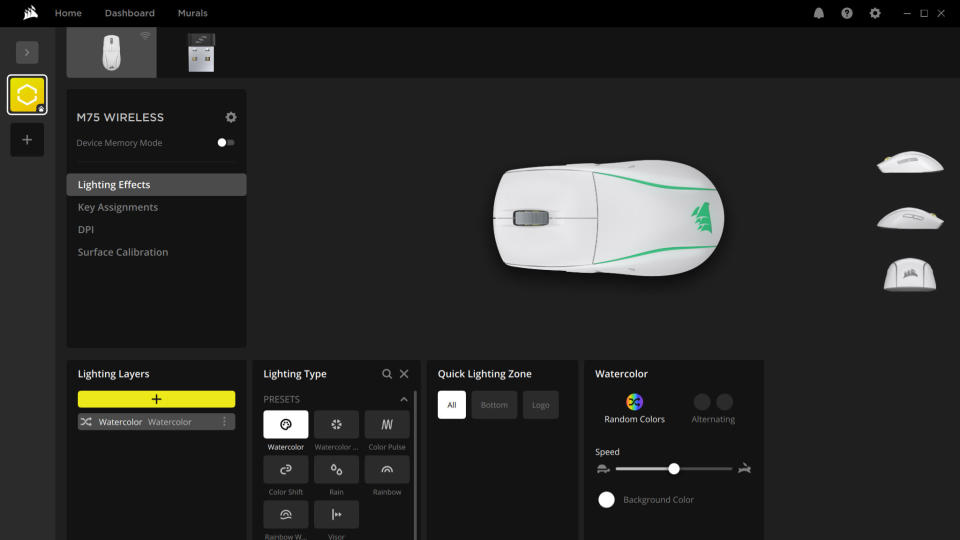 Screenshots of Corsair's iCUE application, showing the software controls for the Corsair M75 wireless gaming mouse