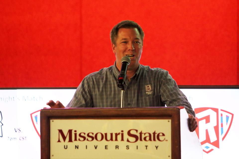 Missouri State University's Plaster Student Union Director Terry Weber welcomes the crowd to celebrate the reopening of the Level 1 Game Center, which now also hosts multiple PCs and more for esports, Sept. 6, 2022.