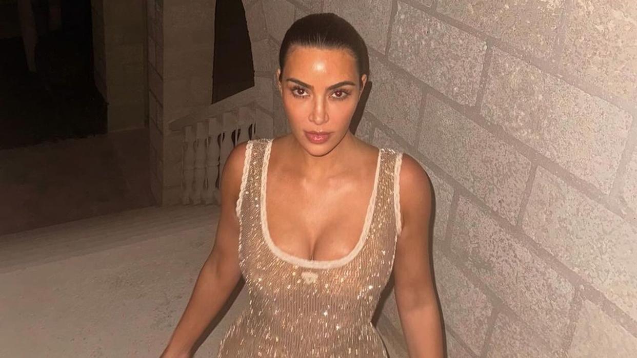 Kim Kardashian wearing a glitzy Prada mini dress