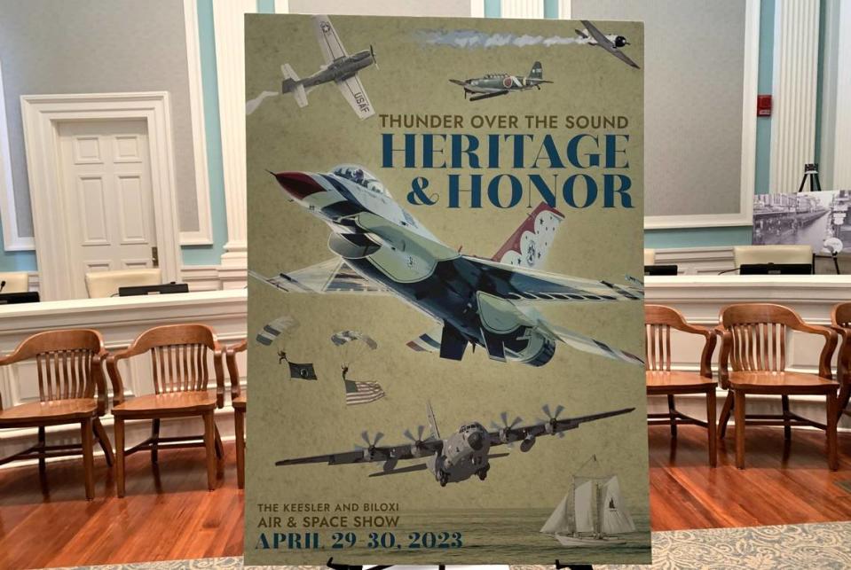 A poster for Thunder Over the Sound Air & Space Show is displayed at Biloxi City Hall. The event is a partnership between Keesler Air Force Base and the City of Biloxi.